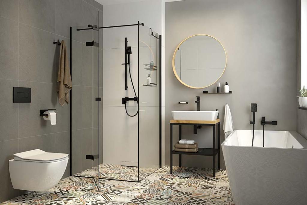 Prysznic w łazience. Kabina Kerria Plus firmy Deante, profile i zawiasy w odcieniu Nero‑czarny