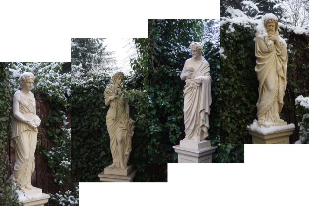 Cykl kamiennych rzeźb z oferty Chronos o nazwie Cztery Pory Roku, od lewej wiosna, lato, jesień i zima