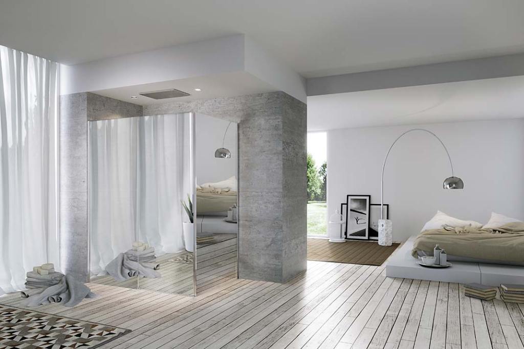 Sypialnia z łazienką wyposażoną w kabinę Acqua 5000 new marki Duka