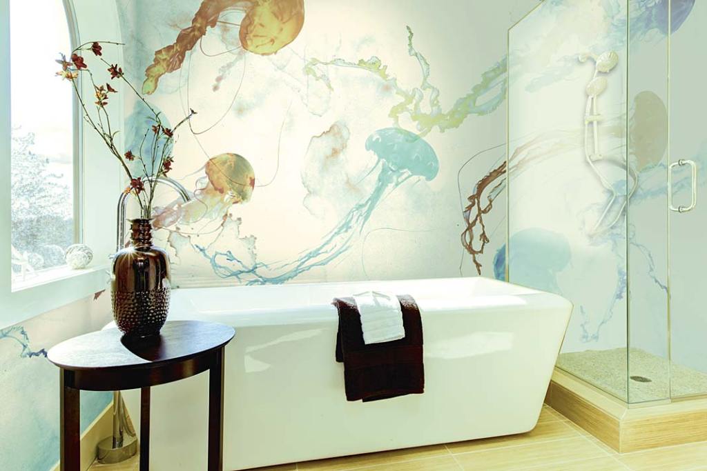 Wielkoformatowa grafika Jellyfish z kolekcji Visions marki Glamora na ścianie w łazience