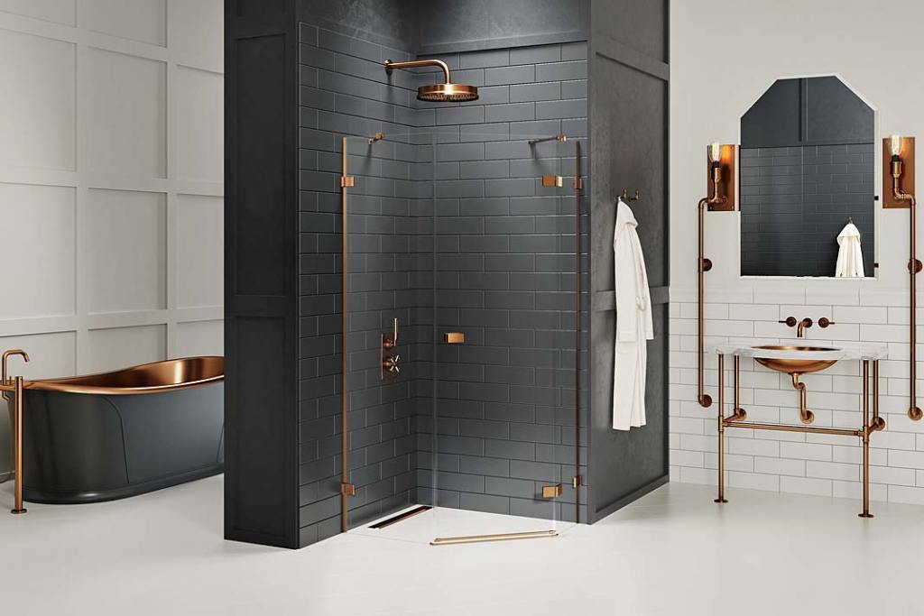 Aranżacja łazienki w kabiną narożną Avexa Copper Brushed marki New Trendy