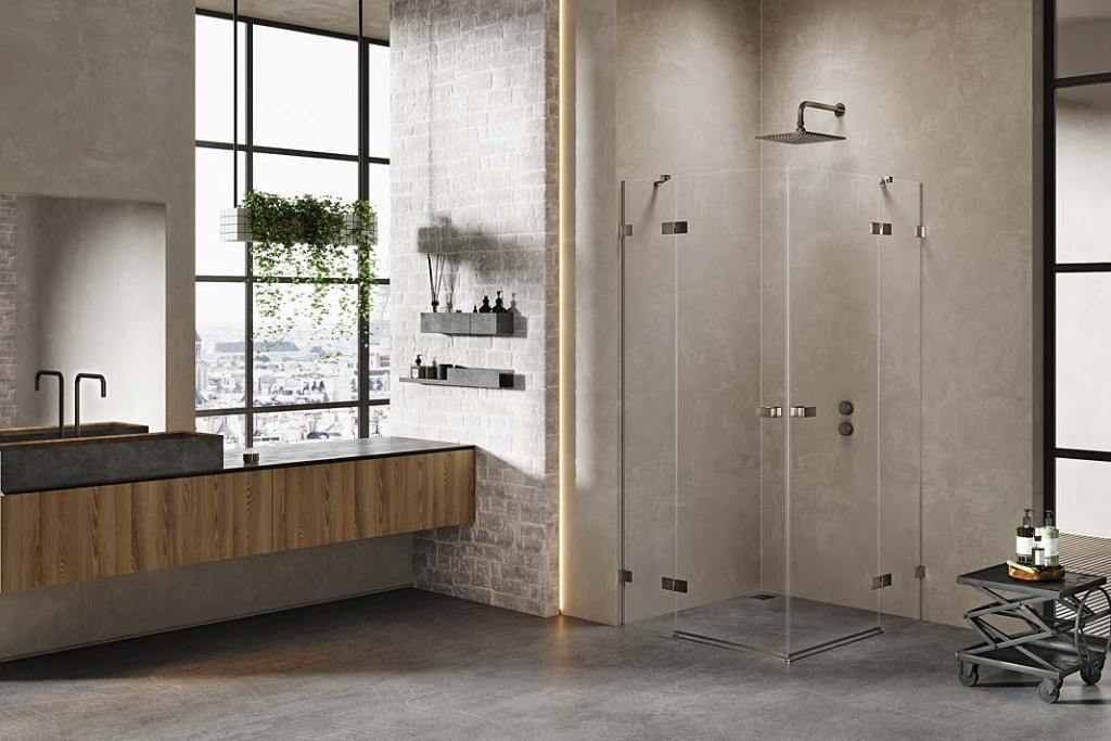 Aranżacja łazienki w stylu loft z kabiną narożną Avexa Gunmetal Brushed z oferty New Trendy