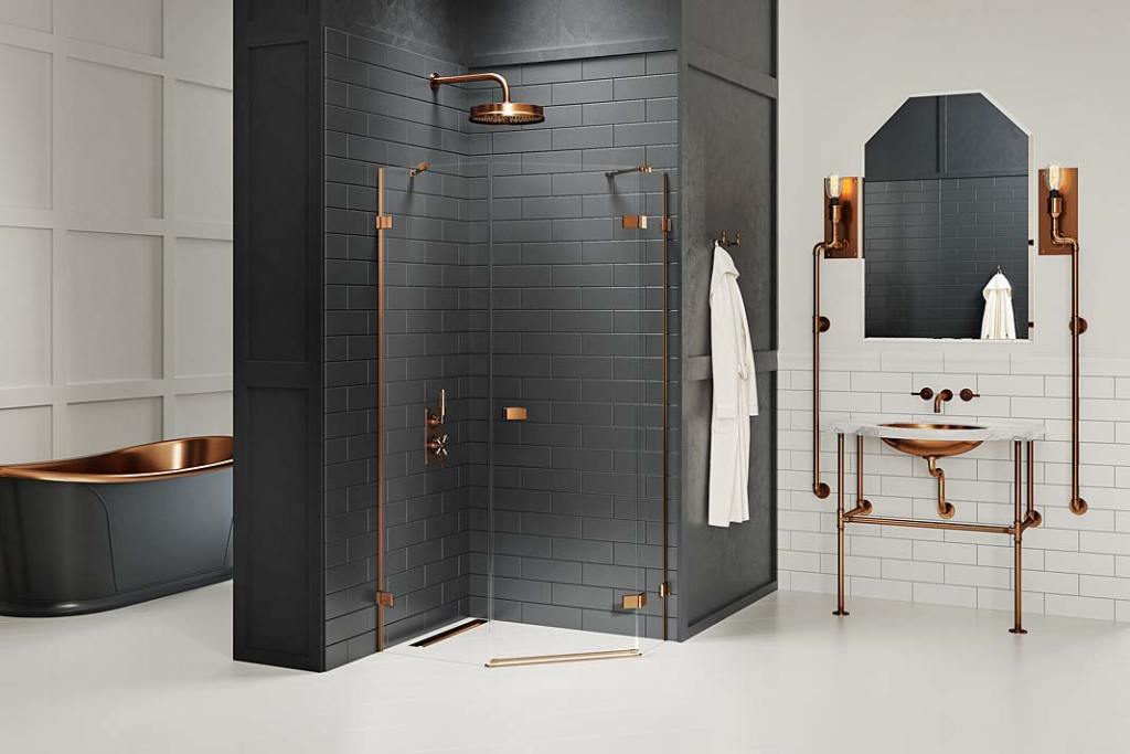 Piękna łazienka, kabina prysznicowa New Trendy Avexa Copper Brushed i detale w kolorze szczotkowanej miedzi