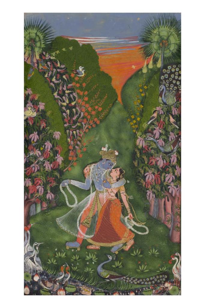 Mistrz Kota, Radha i Kryszna spacerujący w kwitnącym sadzie, ok. 1720 r., tusz, gwasz i złoto na papierze, 19,1 x 11,1 cm