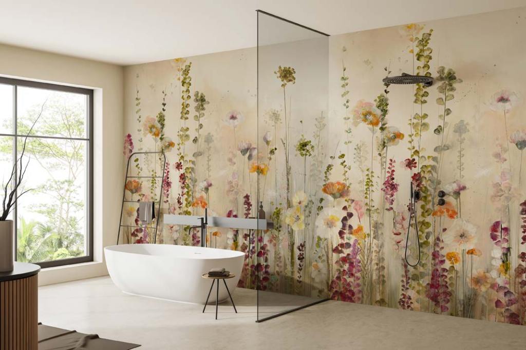 tapeta z motywem łąki kwietnej w salonie kąpielowym_projekt Danuta Leszczyńska dla Wall Art