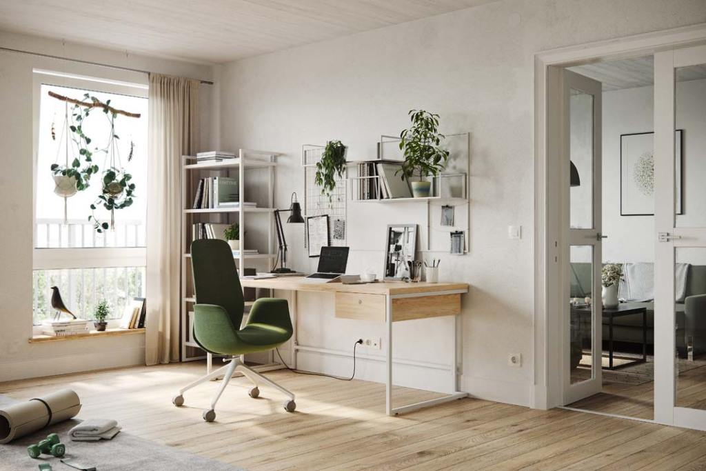 aranżącja biura z tapiecerowanym fotelem na kółkach Ellie Pro marki Profim_styl skandynawski, jasne wnętrze, drewniane proste biurko na białym stelażu