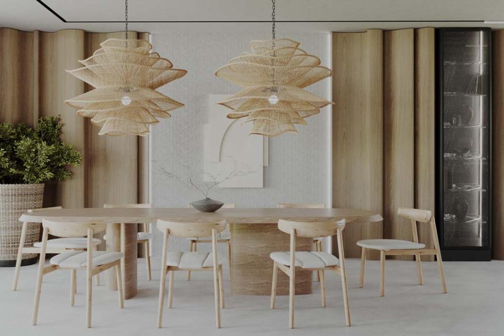 trendy 2025 jadalnia proj. Pracownia Interiorsy naturalne materiały i nowe technologie