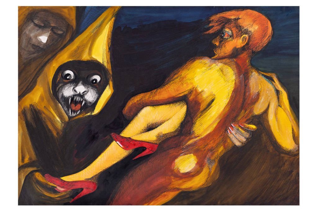 Andrzej Folfas, Upiory Goi, 1983, tusz, ekolina, brystol, 61 x 83 cm. Praca prezentowana w Galerii Xanadu.
