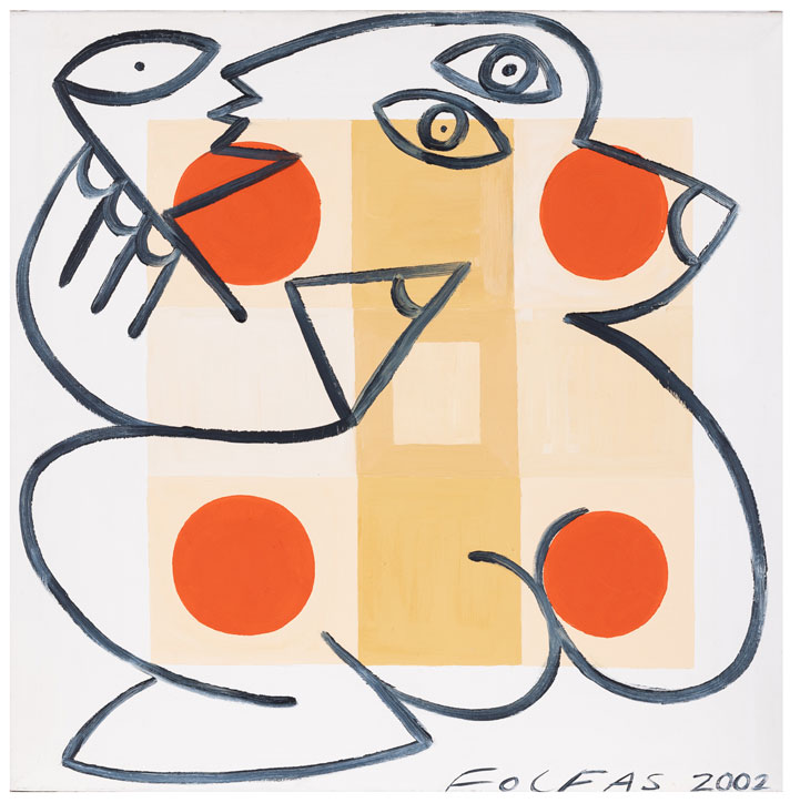 Andrzej Folfas, Akt z czerwonymi kołami, 2002, olej, płótno, 100 x 100 cm.